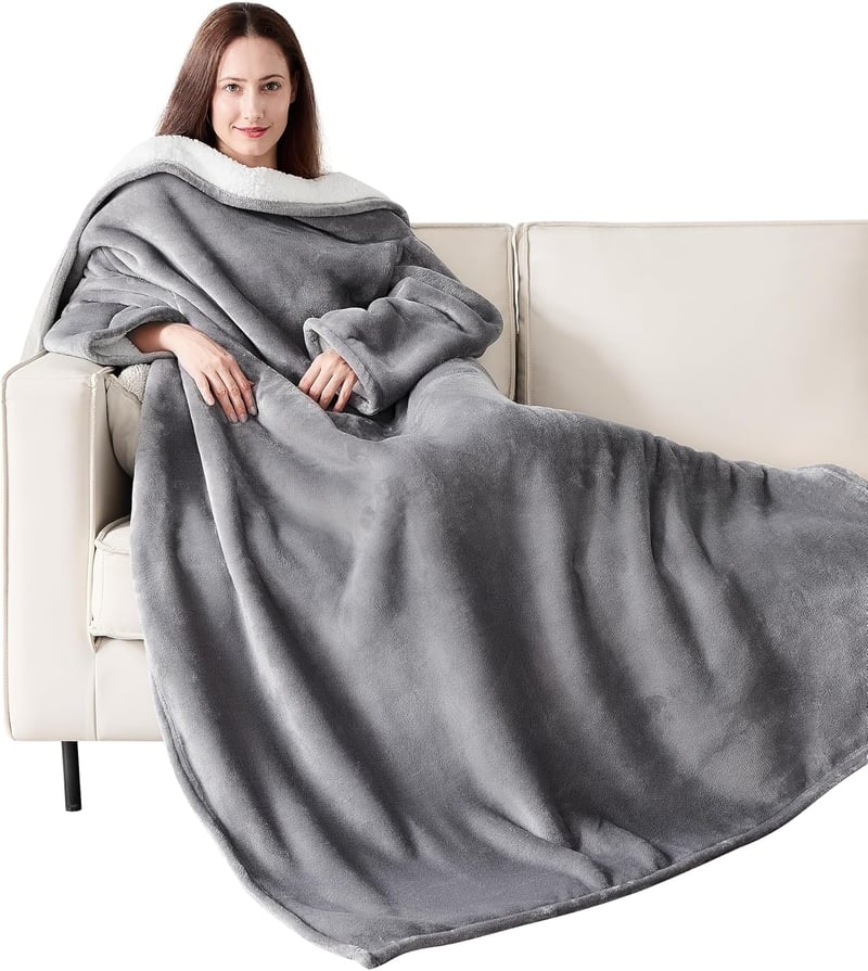 Warm Wearable Blanket with Sleeves & Pockets, Grey