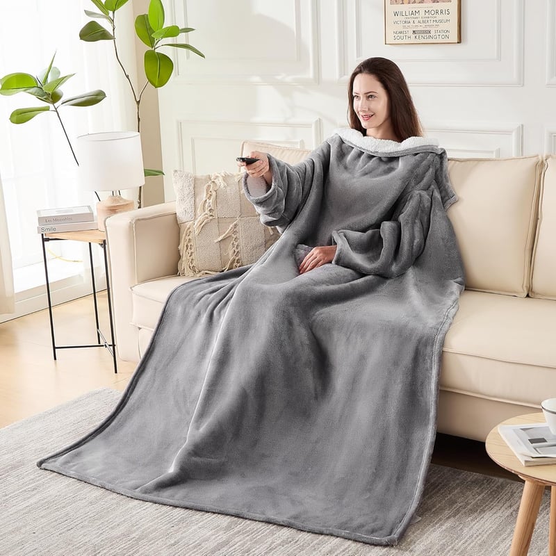 Warm Wearable Blanket with Sleeves & Pockets, Grey