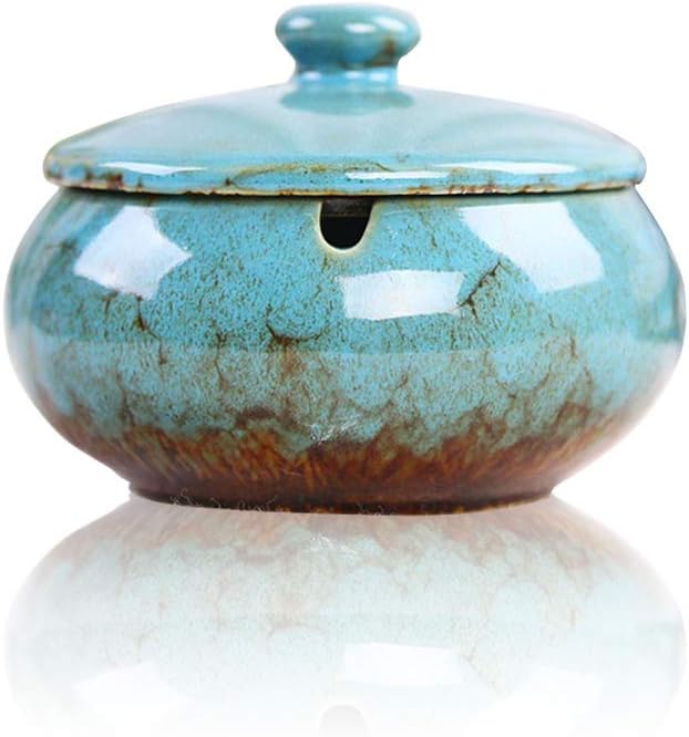 Ceramic Ashtray with Lid, Windproof, Blue