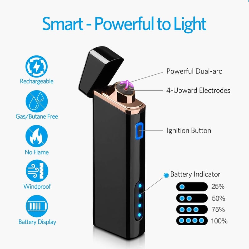 USB Rechargeable Plasma Lighter, Windproof, Bright Black