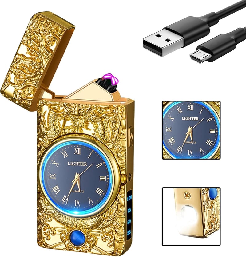 Dragon Electric Arc Lighter - Gold Watch LED Dial