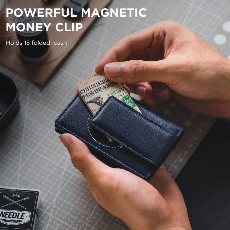 Men's Leather Money Clip Wallet with RFID & Card Pop-Up Design