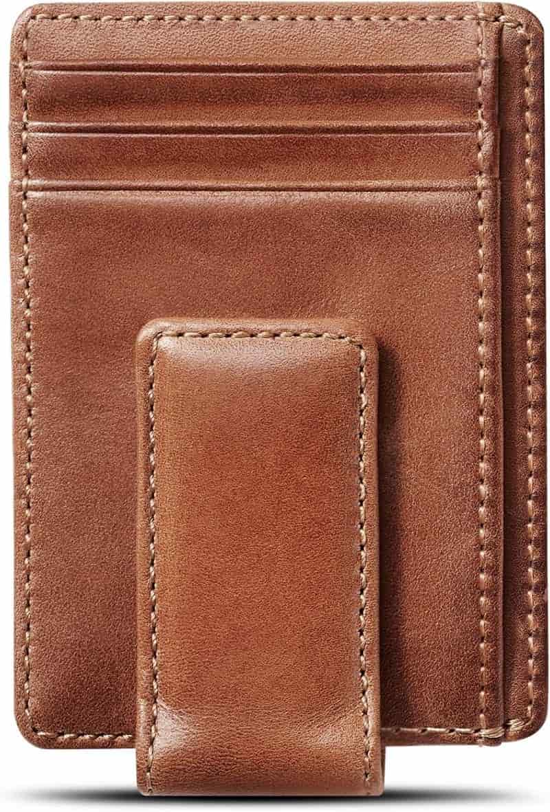 Slim Tan Leather Money Clip Wallet for Men, Front Pocket Design
