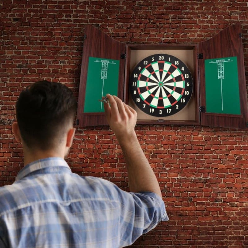 18-Inch Dartboard Cabinet Set with Steel-Tip Darts and Chalkboard Scorer