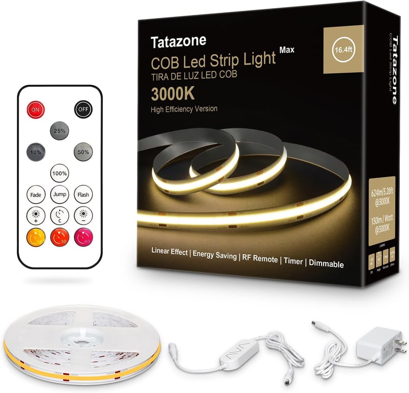 Warm White COB LED Strip Lights, 16.4ft Dimmable with RF Remote