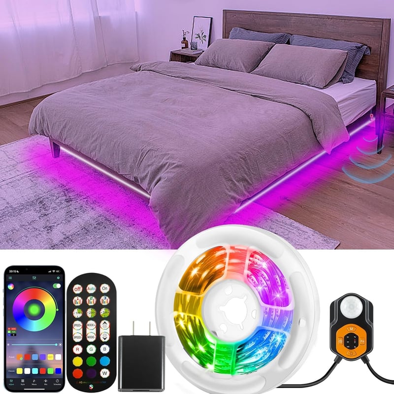Motion Sensor RGB LED Bed Light Strip with Music Sync - 19.68ft