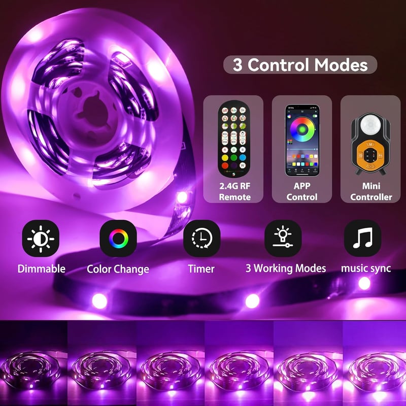 Motion Sensor RGB LED Bed Light Strip with Music Sync - 19.68ft