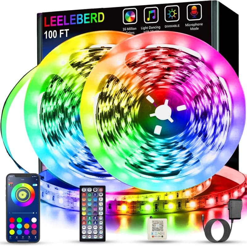 RGB Music Sync LED Strip Lights - 100 ft, App & Remote Control