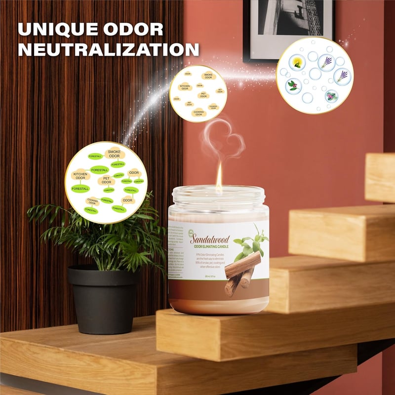 Odor Eliminating Sandalwood Candle Set, Soy Wax, 90-Hour Burn Time