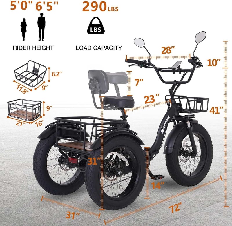 Adult Electric Tricycle, Folding 750W Fat Tire 3-Wheel Ebike