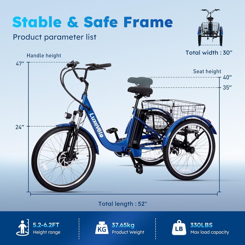 Adult Electric Tricycle, 7-Speed, 48V Battery, 70-Mile Range