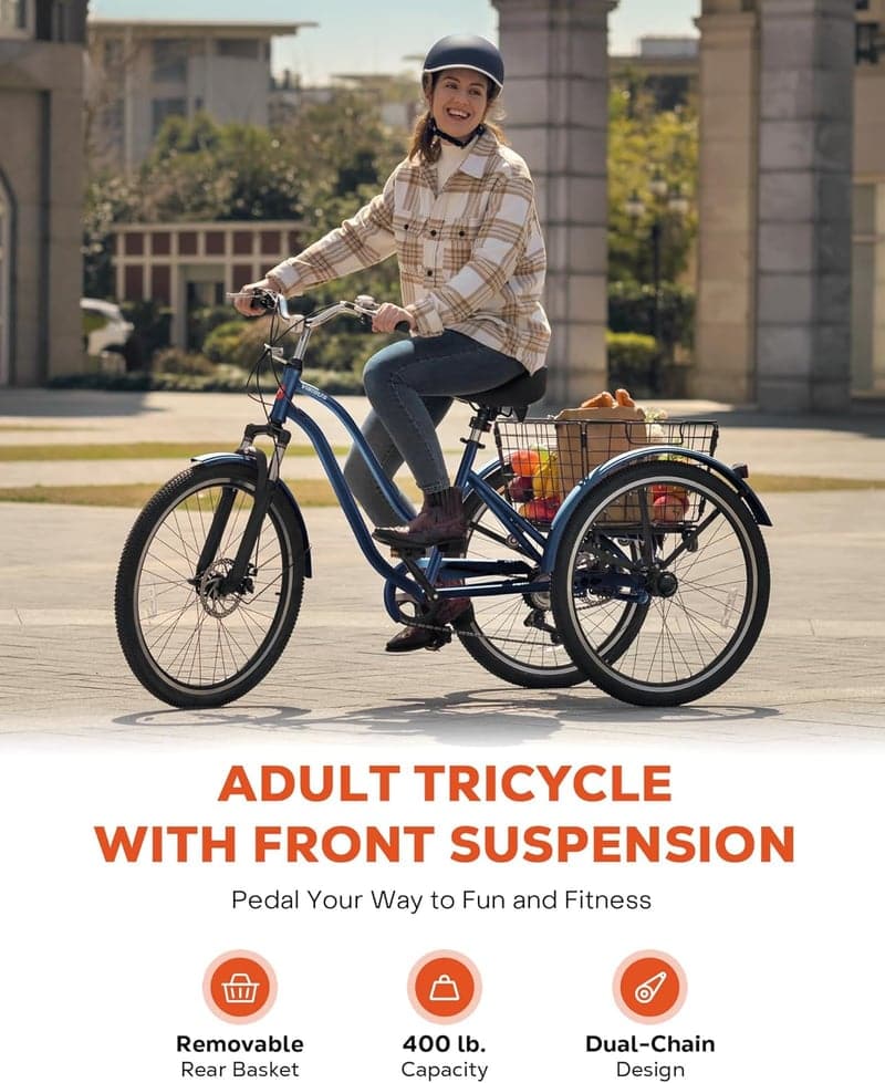 7-Speed Adult Tricycle with Suspension & Basket, 400 lb Capacity