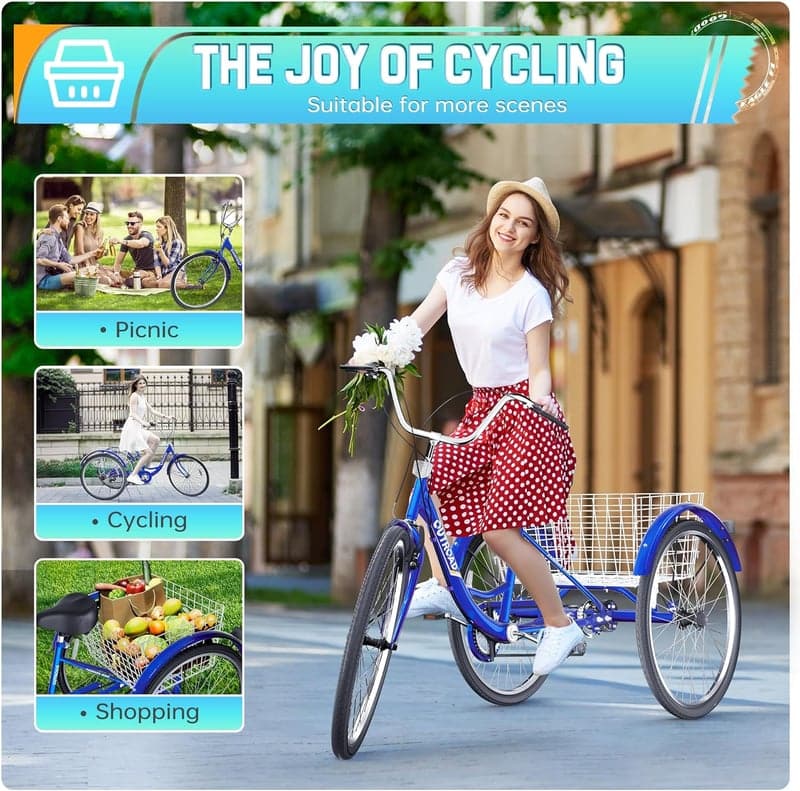 Adult Tricycle, 7-Speed 24/26-Inch with Large Basket, for Outdoor Use