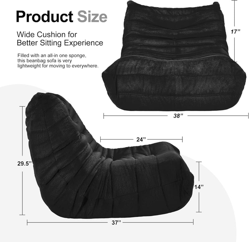 Giant Black Faux Fur Bean Bag Chair for Adults