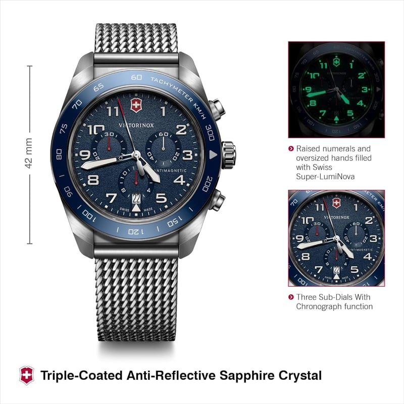 Victorinox Chronograph Watch, Blue Dial, Mesh Steel, 42mm