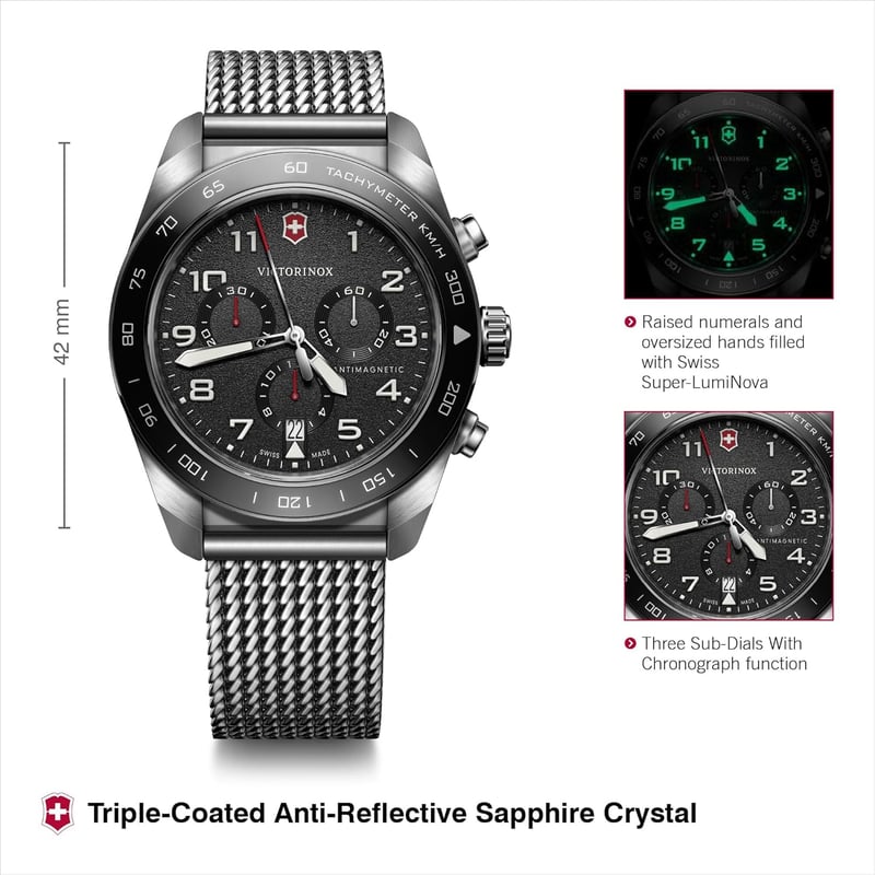 Men's Chronograph Watch, Black Dial & Mesh Steel, 42mm