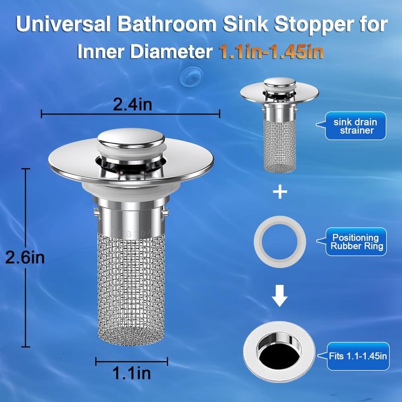 Bathroom Sink Drain Strainers - Pop-up Stainless Steel Hair Catchers (2PCS)