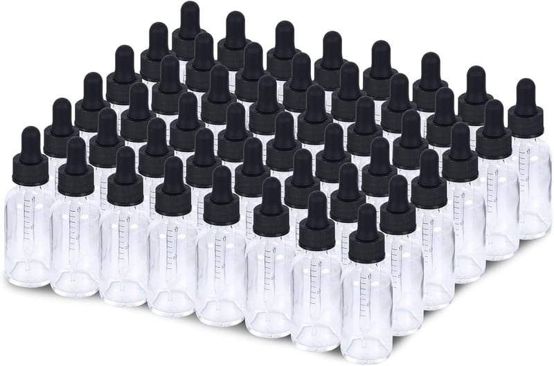 48 Clear Glass Dropper Bottles 2 oz with Black Caps for Essential Oils