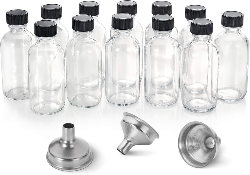 2 oz Glass Bottles Set with Lids & Funnels for Wellness Samples