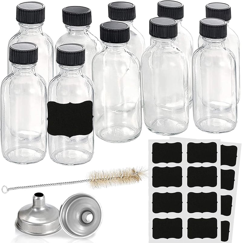 10-Pack 2oz Glass Bottles with Caps for Wellness Shots & Oils