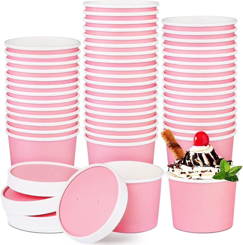 50 Pack Pink Ice Cream Cups with Lids - 8 oz Disposable Bowls