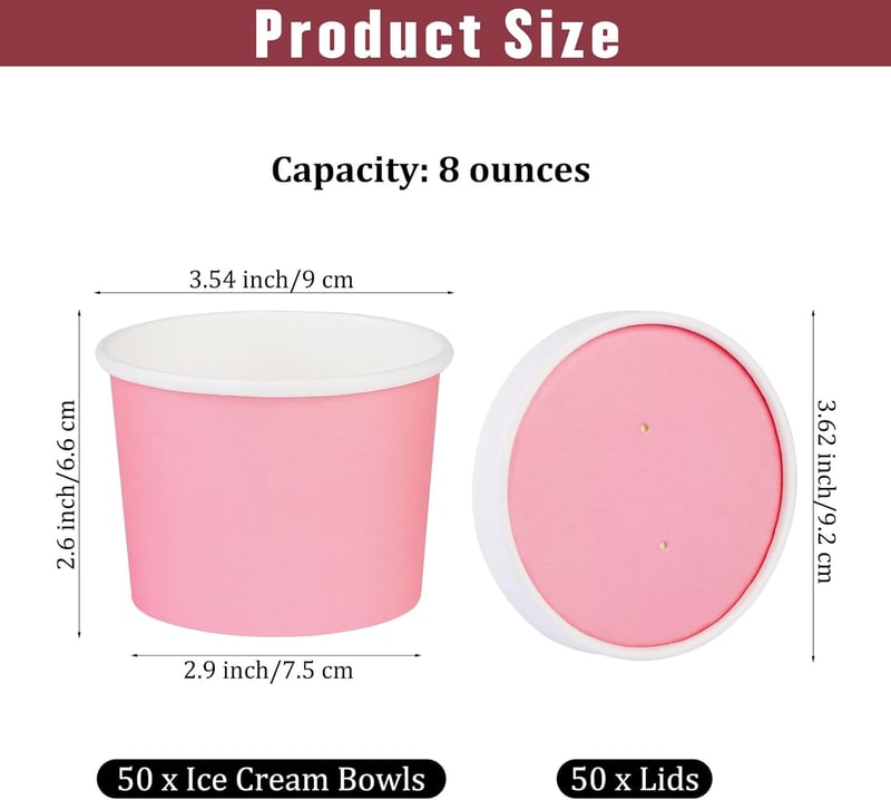 50 Pack Pink Ice Cream Cups with Lids - 8 oz Disposable Bowls