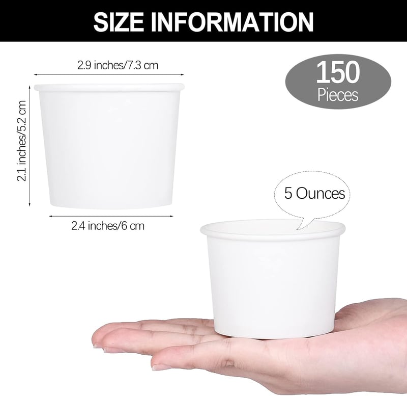 Ice Cream Party Paper Bowls, 5 oz Disposable Cups, 150-Pack, White