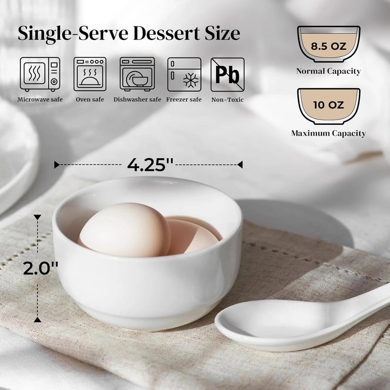 10 oz Ceramic Dessert Bowls, Set of 6, Microwave Safe
