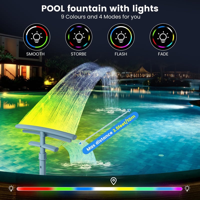 Pool Fountain with LED Lights, Dual Spray & 360° Adjustability