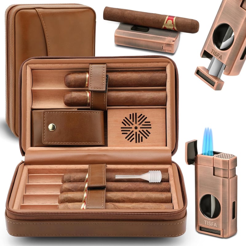 Portable Leather Cedar Cigar Humidor Set