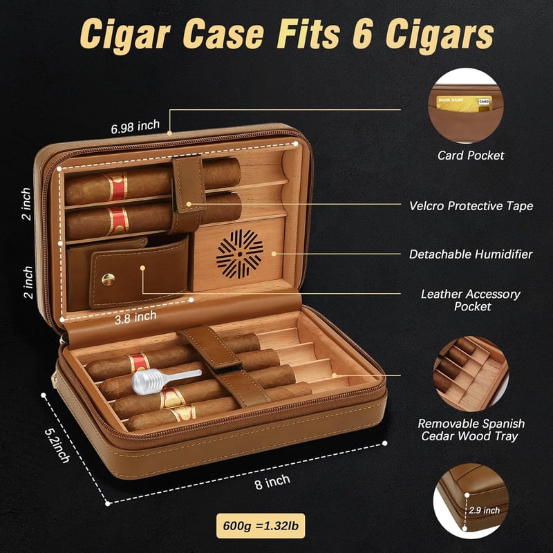 Portable Leather Cedar Cigar Humidor Set