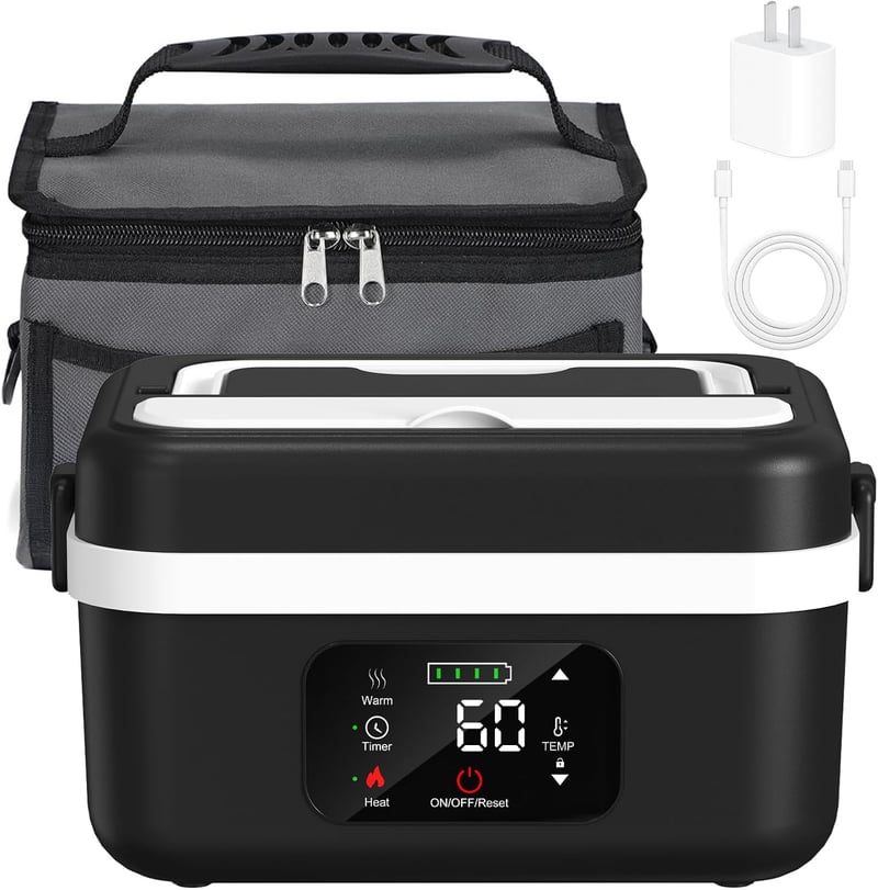 Portable Electric Lunch Box with Rechargeable Battery, 1L, Includes Type-C Charger & Utensils