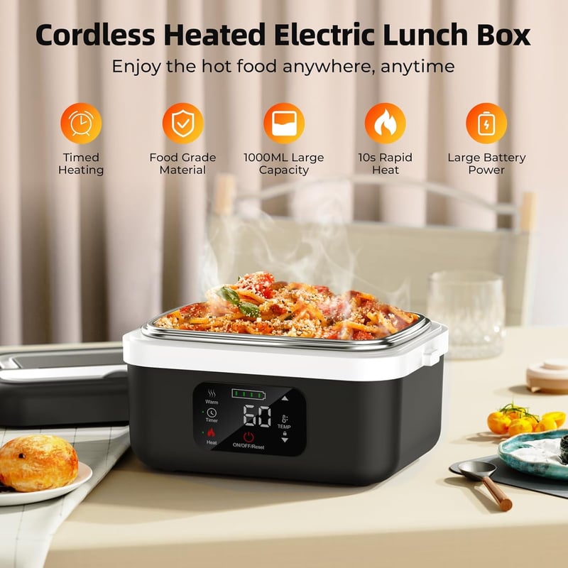 Portable Electric Lunch Box with Rechargeable Battery, 1L, Includes Type-C Charger & Utensils