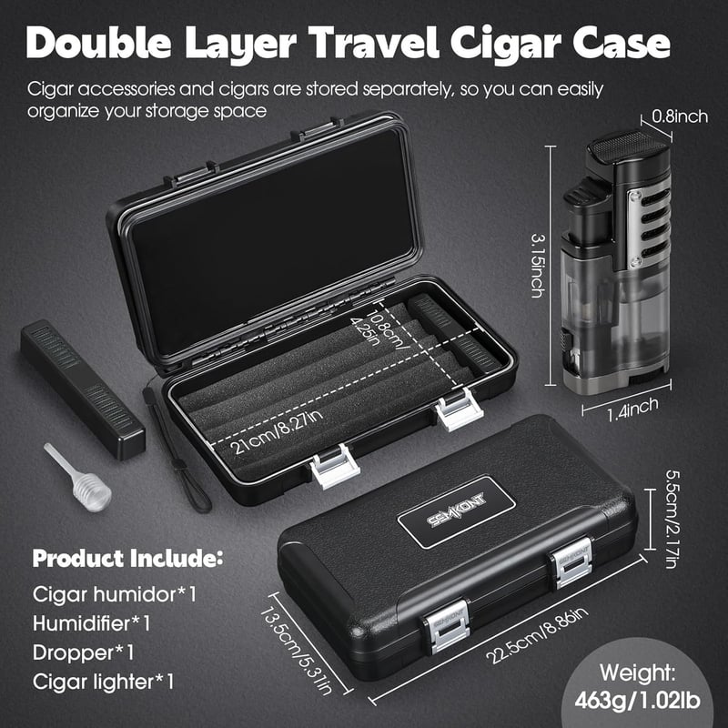 Travel Cigar Humidor with Accessory Storage - Black