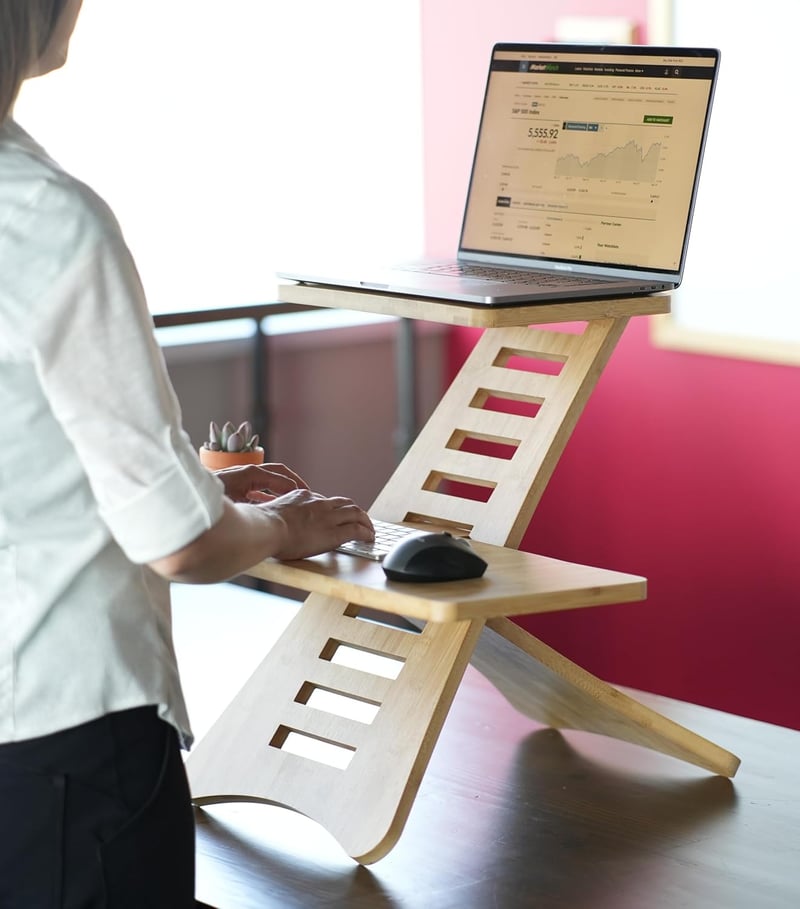 Adjustable Bamboo Desk Converter with 12 Levels, Tool-Free Assembly