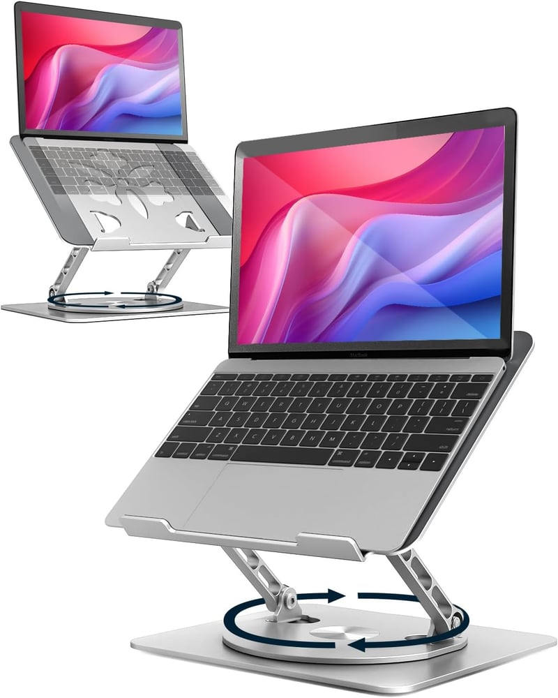 Portable Adjustable Laptop Stand with Rotating Base - Silver