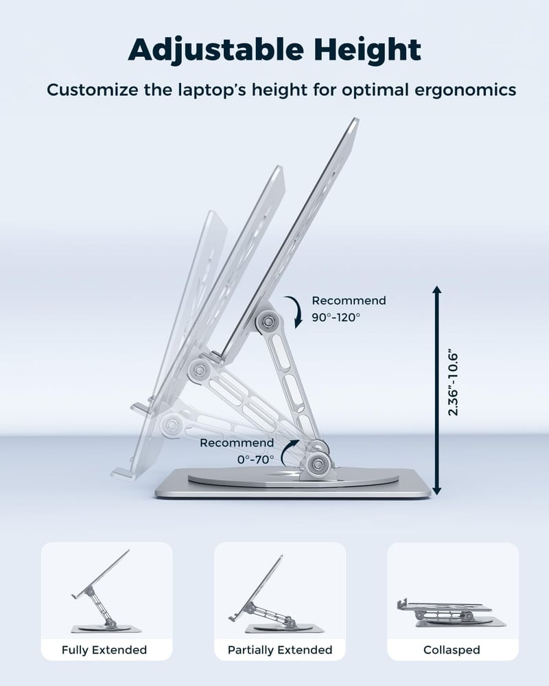 Portable Adjustable Laptop Stand with Rotating Base - Silver
