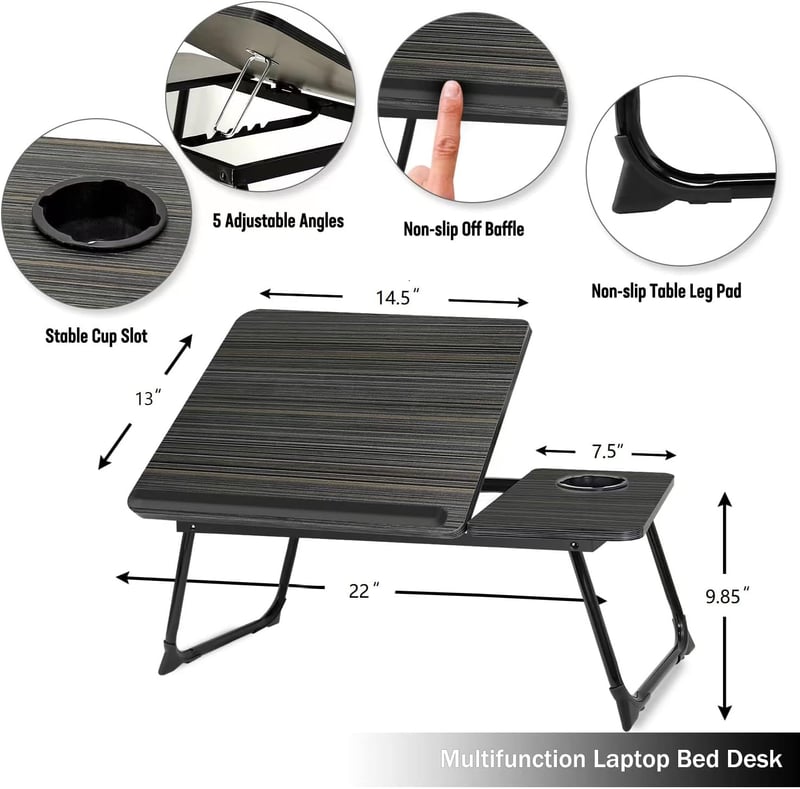 Portable Adjustable Laptop Desk with Cup Holder – Black