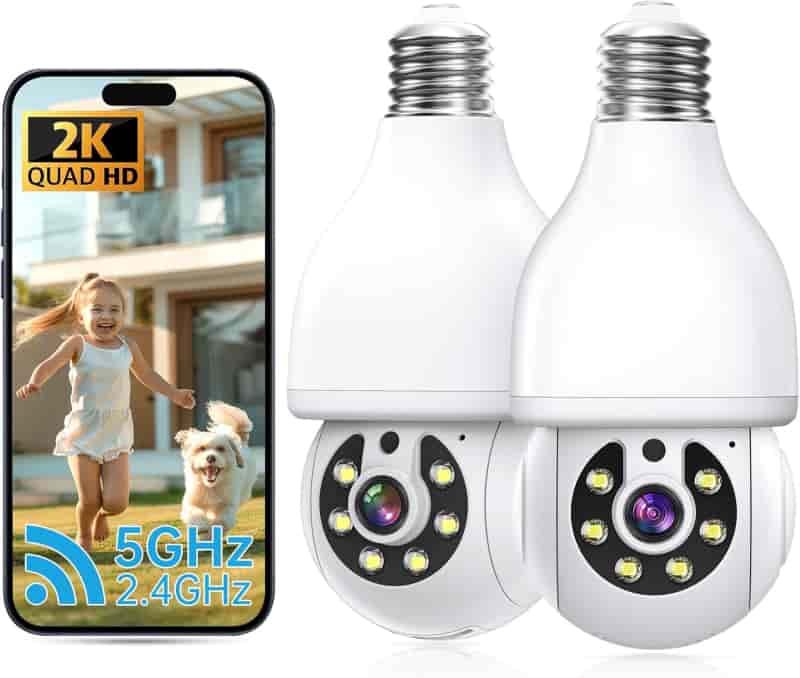 2K Security Bulb Camera, WiFi 360°, Motion Detection, 2-Pack