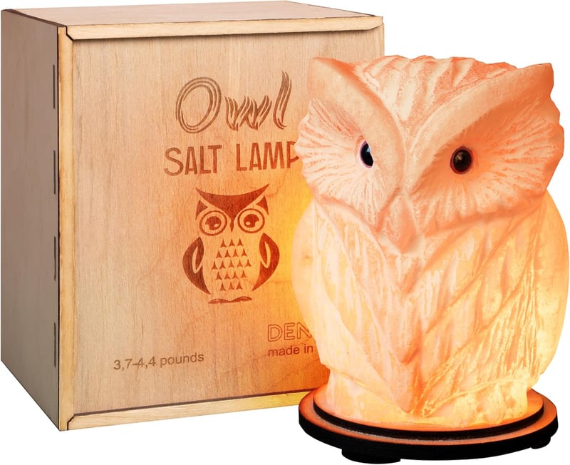 Crystal Owl Salt Lamp with Wooden Box - Unique Night Light Gift