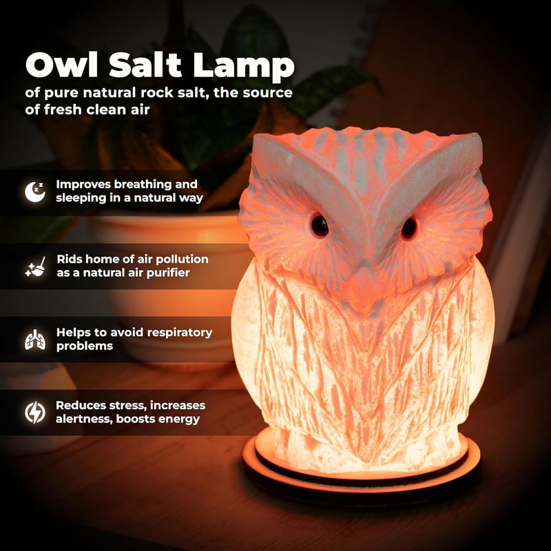 Crystal Owl Salt Lamp with Wooden Box - Unique Night Light Gift