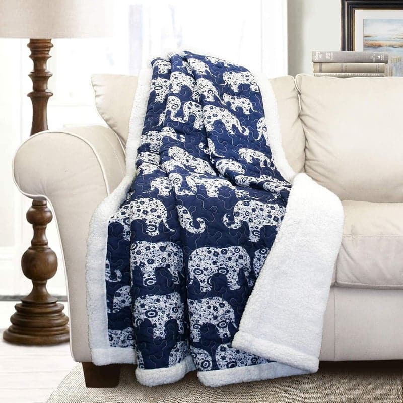 Navy Elephant Reversible Sherpa Throw Blanket, 60