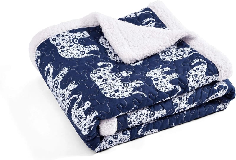 Navy Elephant Reversible Sherpa Throw Blanket, 60