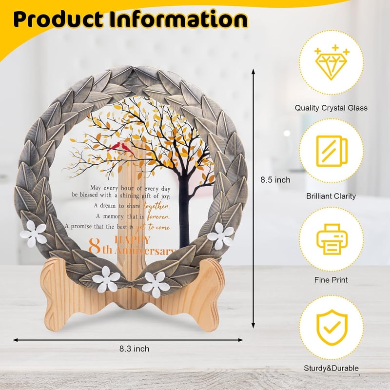 8th Anniversary Crystal Plate with Bronze Leaf Wreath for Couples