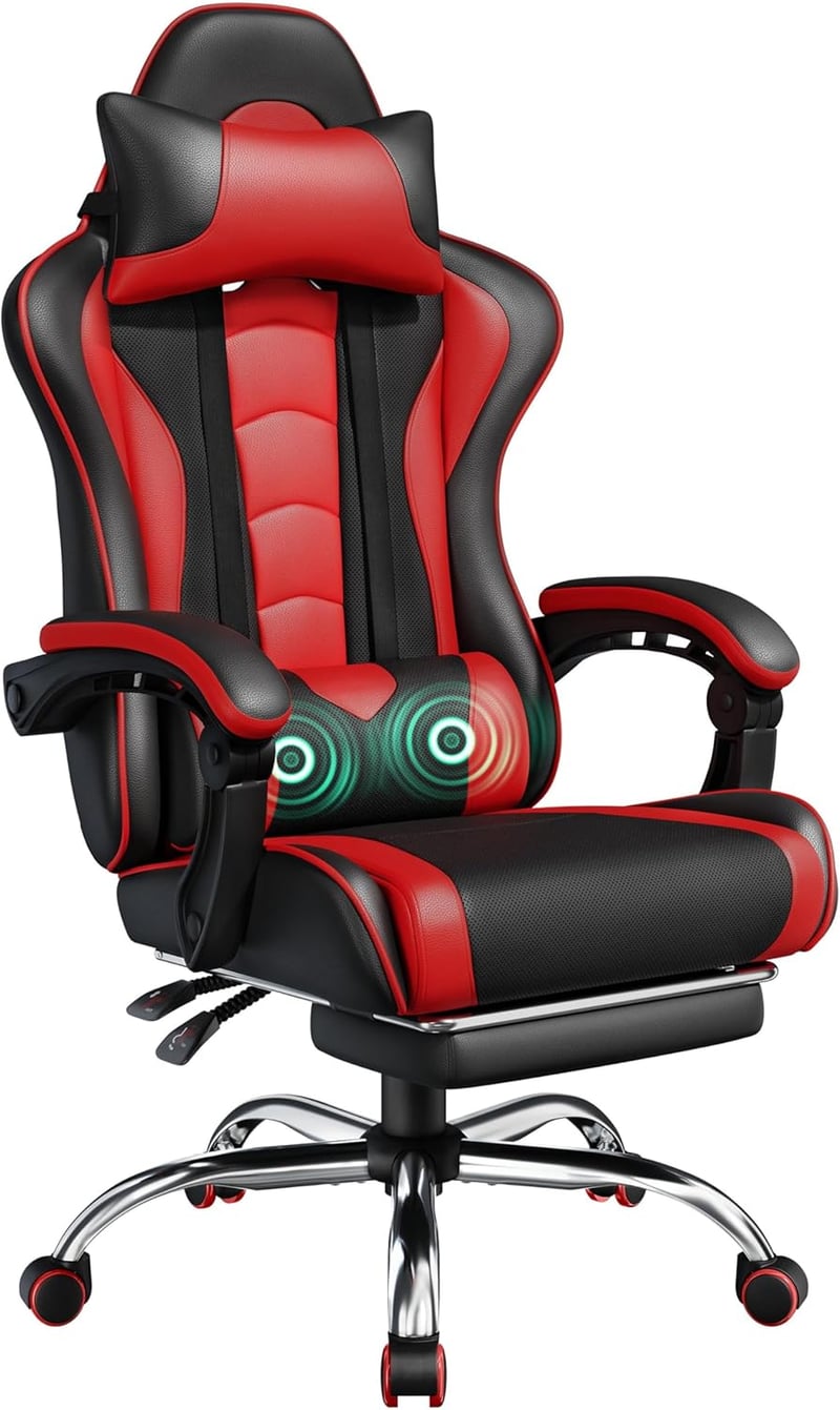 Gaming Chair with Massage Lumbar Support & Footrest, Black/Red