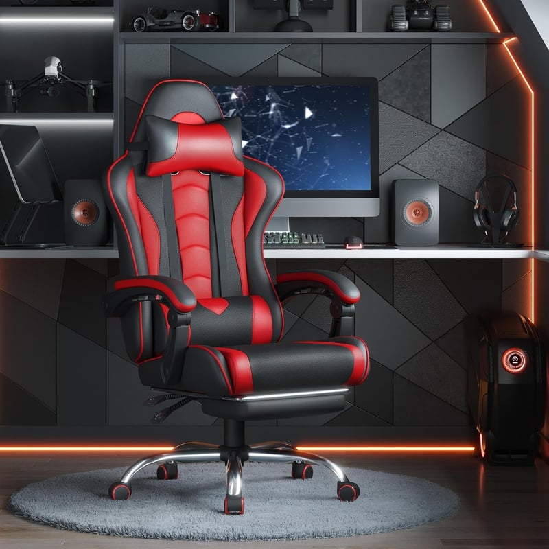 Gaming Chair with Massage Lumbar Support & Footrest, Black/Red