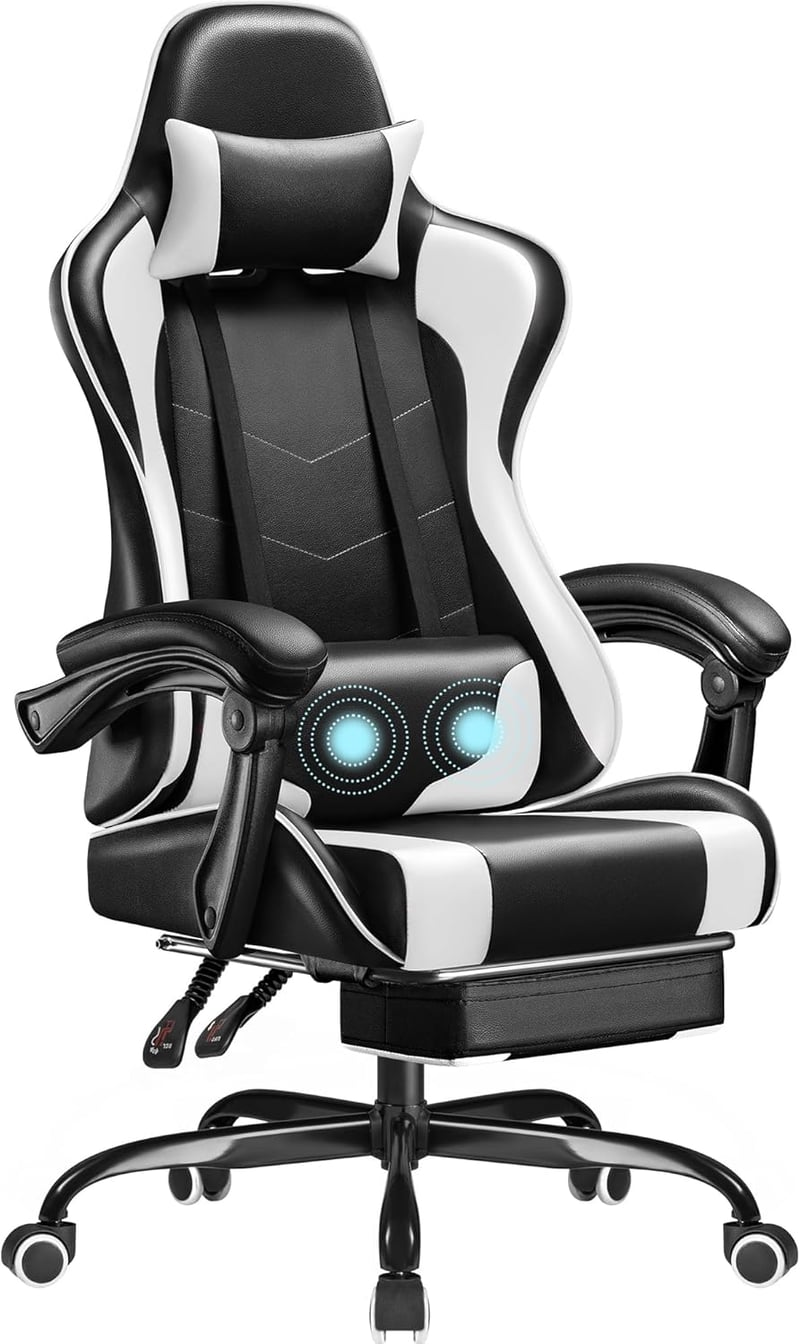 Gaming Chair with Footrest & Massage Lumbar Support, White
