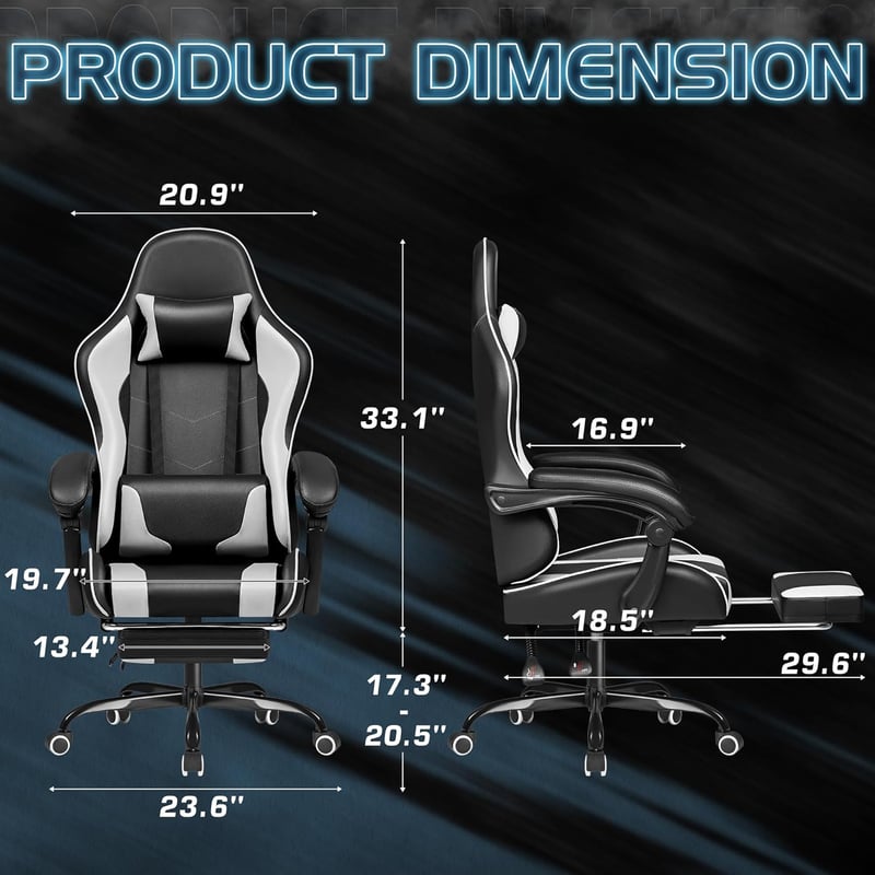Gaming Chair with Footrest & Massage Lumbar Support, White