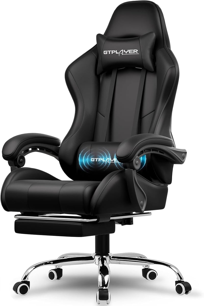Gaming Chair with Footrest, Lumbar Support, Adjustable Height, Black
