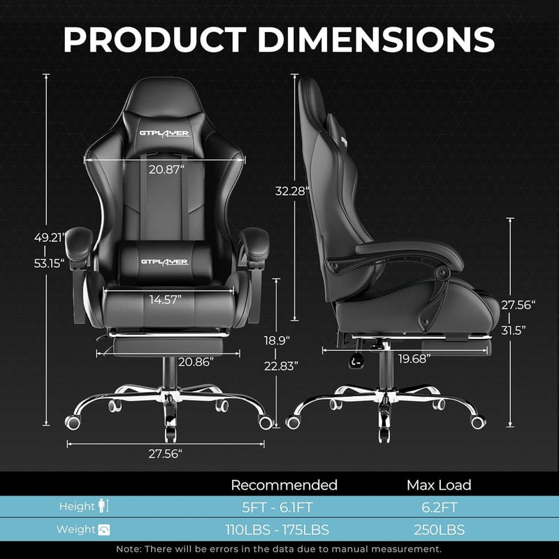 Gaming Chair with Footrest, Lumbar Support, Adjustable Height, Black